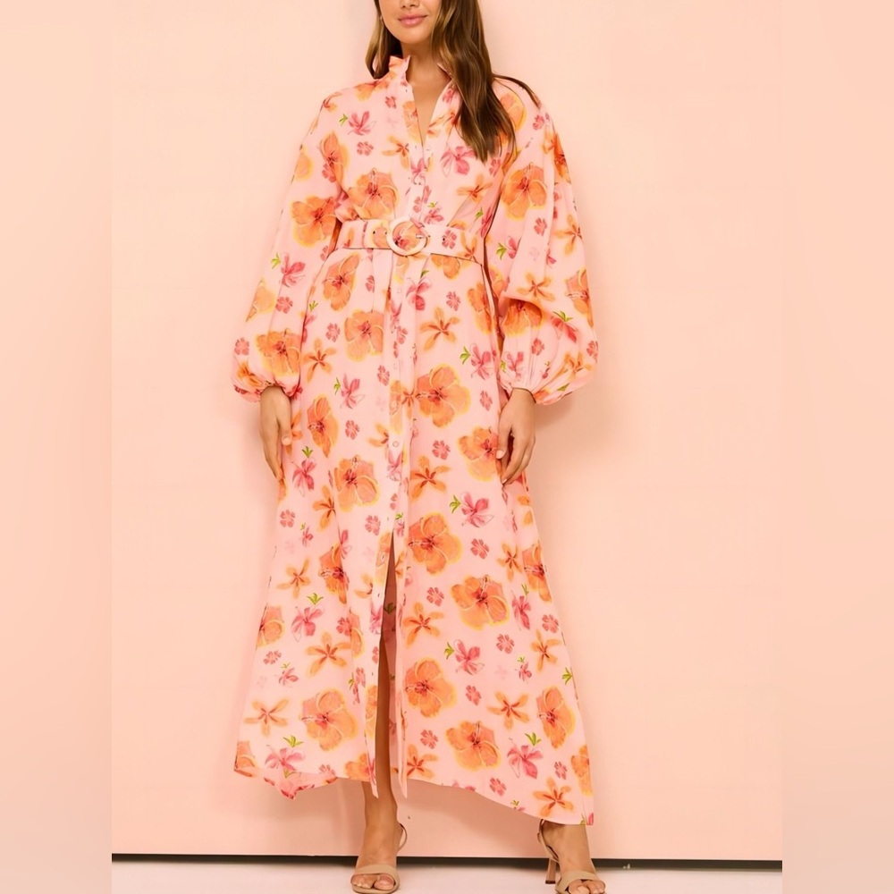 NWT Floral Belted Maxi Shirt Dress with Puff Sleeves – Size S-2XL